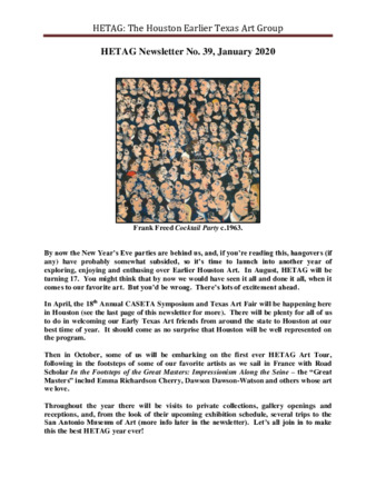 HETAG: The Houston Earlier Texas Art Group Newsletter, No. 39, January 2020