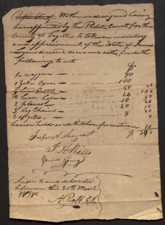 Inventory of the property of the estate of James H. Lyons signed by Andrew Rabb