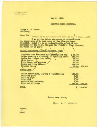 Letter from W. T. Sinclair to W. W. Moore, 1928 May 2