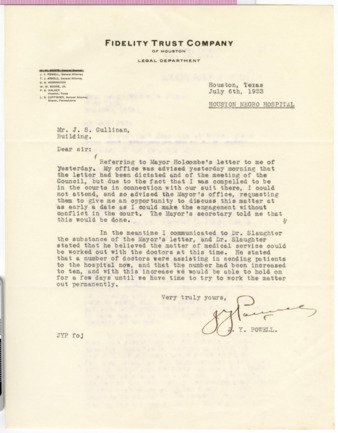 Letter from J. Y. Powell to J. S. Cullinan, 1933 July 6
