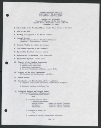 Thirty-second Senate, University of Houston, Students' Association, Order of Business [Agenda], Nineteenth Meeting, November 15, 1995