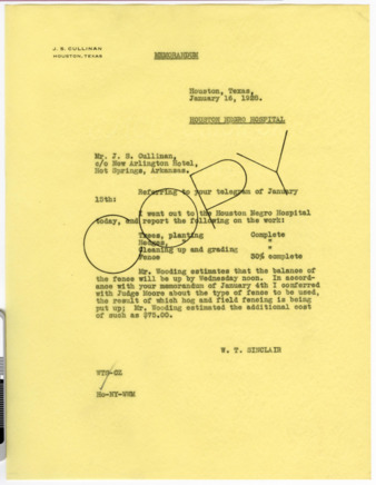 Memorandum from W. T. Sinclair to J. S. Cullinan, 1928 January 16