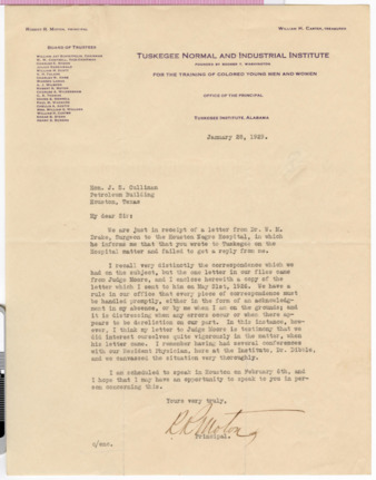 Letter from R. R. Moton to J. S. Cullinan, 1929 January 28