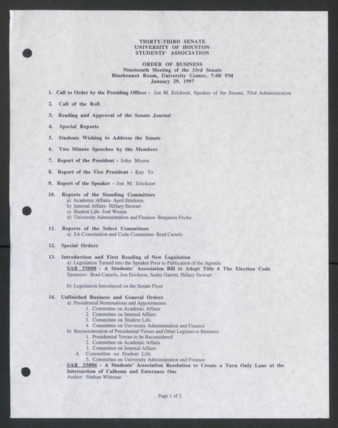 Thirty-third Senate, University of Houston, Students' Association, Order of Business, Nineteenth Meeting, January 29, 1997