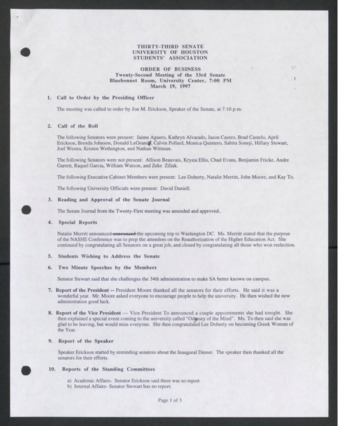 Thirty-third Senate, University of Houston, Students' Association, Order of Business [Minutes], Twenty-second Meeting, March 19, 1997