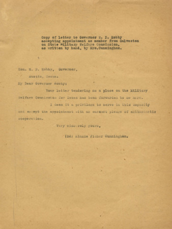Letter to Governor W.P. Hobby