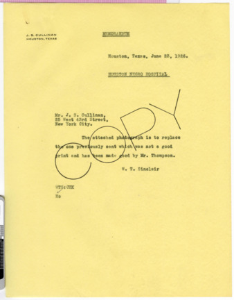 Memorandum from W. T. Sinclair to J. S. Cullinan, 1926 June 23
