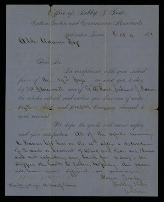 Receipt from Hobby & Post to Able Adams regarding delivery and weather conditions