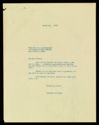Letter from Governor James V. Allred to Arthur J. Drossaerts, 1938 March 14