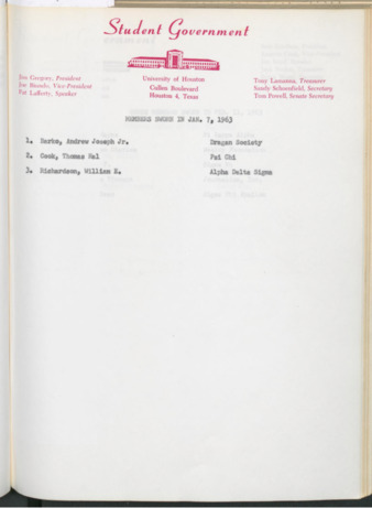 Hardbound Senate Journal, Student Government Representatives Sworn in January 7, 1963