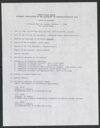 Twenty-third Senate, Students' Association of the University of Houston-University Park, Order of Business [Minutes], Fifteenth Meeting, November 3, 1986