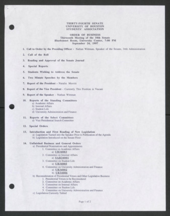 Thirty-fourth Senate, University of Houston, Students' Association, Order of Business, Thirteenth Meeting, September 24, 1997