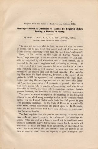 Marriage - Should a Certificate of Health Be Required Before Issuing a License to Marry?