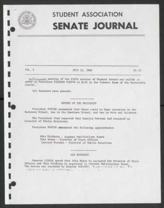 Senate Journal, Fifth Senate, University of Houston Student Government Association, Minutes, Vol. 5, No. 11, July 22, 1968