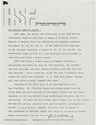 Houston Shakespeare Festival, 1980 King Lear flier
