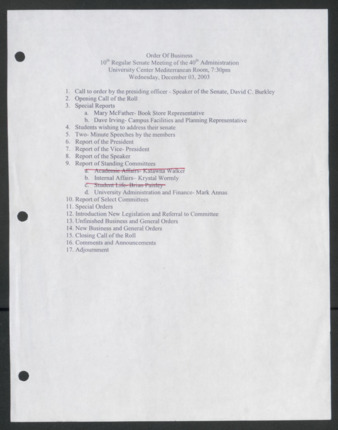 Order of Business [Agenda], 10th Senate Meeting of the 40th Administration, December 3, 2003