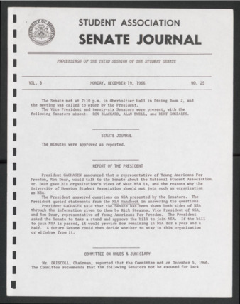 Senate Journal, Third Senate, University of Houston Student Government Association, Minutes, Vol. 3, No. 25, December 19, 1966