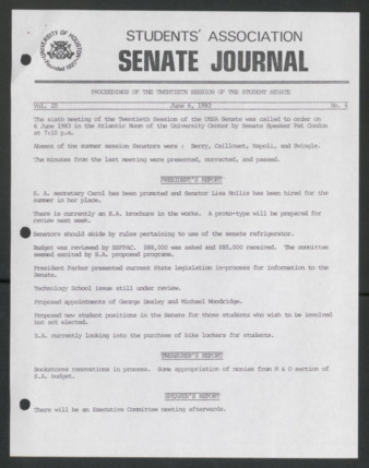 Senate Journal, Twentieth Senate, University of Houston Student Government Association, Minutes, Vol. 20, No. 6, June 6, 1983