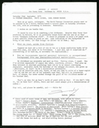 Letter from Andrew Offutt to Fritz Leiber, Stephen Donaldson, and Karl Wagner, regarding their panel appearance at the World Fantasy Convention