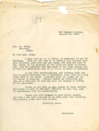 Letter from Minnie Fisher Cunningham to Mrs. William. Hobby