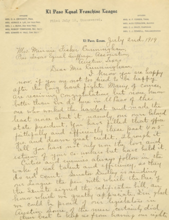 Letter from Belle C. Crithett to Minnie Fisher Cunningham