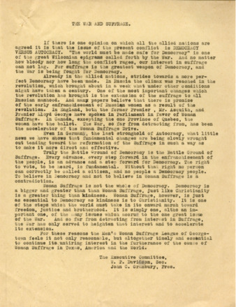 The War and Suffrage, by the Executive Committee of the Men's Woman Suffrage League of Georgetowon