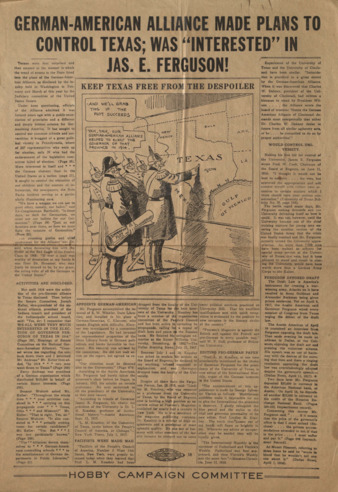 Was "Interested" in Jas. E. Ferguson!, German-American Alliance Made Plans to Control Texas