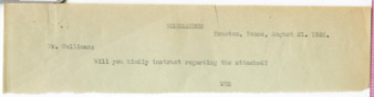 Memorandum from WTS to Mr. Cullinan, 1926 August 21