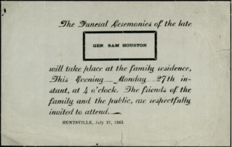 Funeral announcement of the late Sam Houston