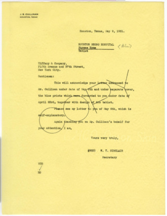 Letter from W. T. Sinclair to Tiffany & Company, 1931 May 9