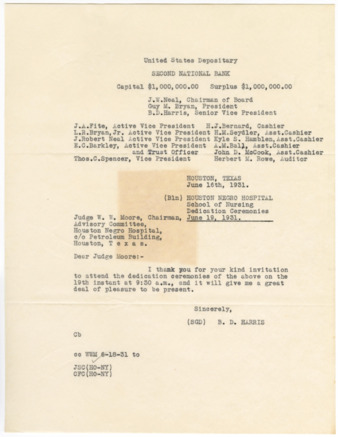 Letter from B. D. Harris to W. W. Moore, 1931 June 16