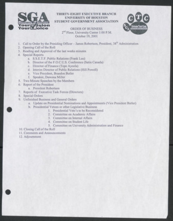 Thirty-eight Executive Branch, University of Houston Student Government Association, Order Business [Agenda], October 19, 2001
