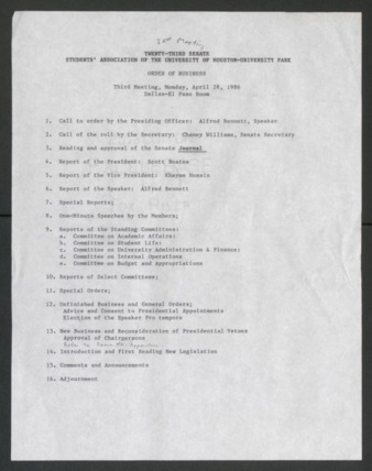 Twenty-third Senate, Students' Association of the University of Houston-University Park, Order of Business [Agenda], Third Meeting, April 28, 1986
