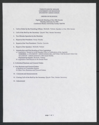 Twenty-ninth Senate, University of Houston, Students' Association, Order of Business, Eighteenth Meeting, February 15, 1993