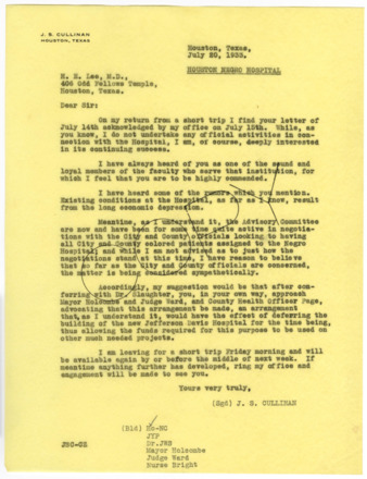 Letter from J. S. Cullinan to H. E. Lee, 1933 July 20