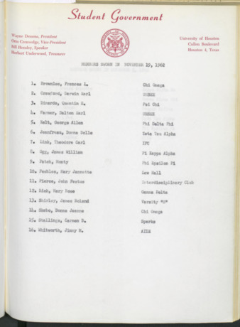 Hardbound Senate Journal, Student Government Representatives Sworn in November 19, 1962