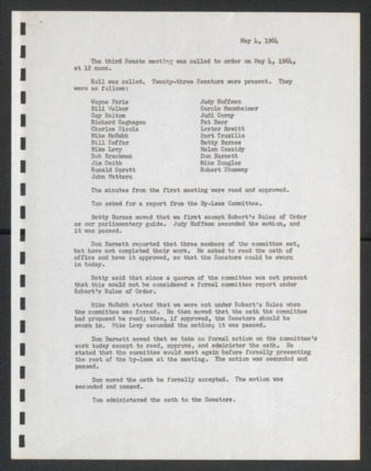 First Senate, University of Houston Student Government Association, Minutes, Third Meeting, May 4, 1964