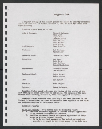 First Senate, University of Houston Student Government Association, Minutes, November 9, 1964