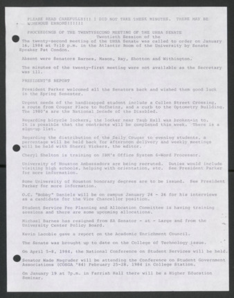 Senate Journal, Twentieth Senate, University of Houston Student Government Association, Minutes, Twenty-Second Meeting, January 16, 1984