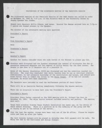 Senate Journal, Twentieth Senate, University of Houston Student Government Association, Minutes, Eighteenth Meeting, November 14, 1983