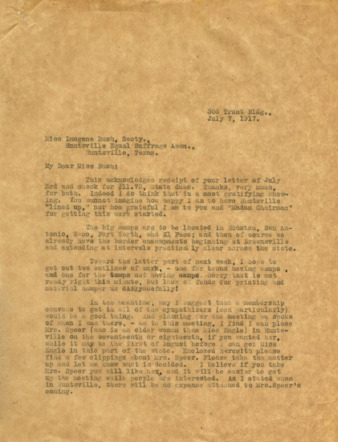 Letter from the Suffrage Association President to Miss Imogene Bush