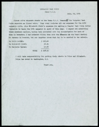 Education Task Force Texas NOW expense memorandum