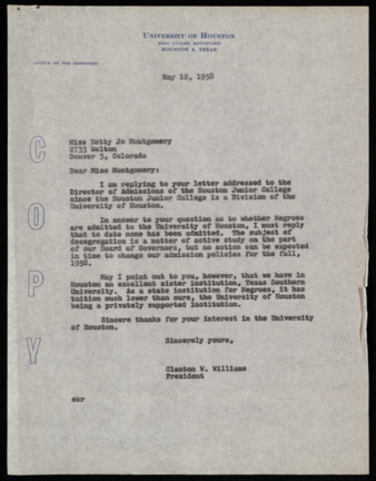 Correspondence between Betty Jo Montgomery and Clanton W. Williams, regarding the admission of "negroes" to the University of Houston