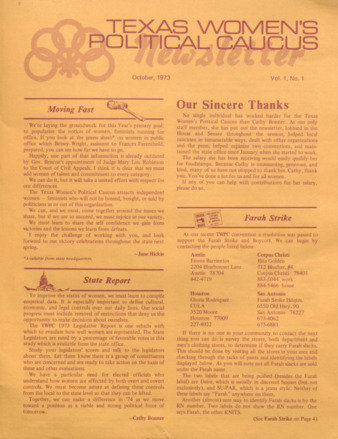 Texas Women's Political Caucus Newsletter, Vol. 1, No. 1, October 1973