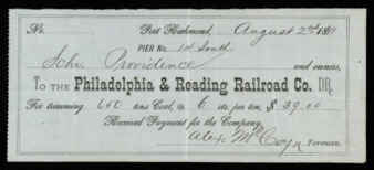 Shipping receipts for the Schooner Providence to the Philadelphia & Reading Railroad Co.