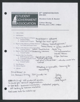 Order of Business [Agenda], Cabinet Meeting of the 49th Administration, July 2, 2012