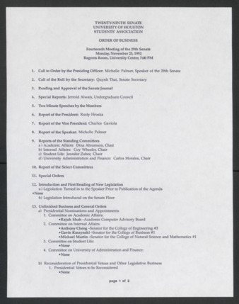 Twenty-ninth Senate, University of Houston, Students' Association, Order of Business, Fourteenth Meeting, November 23, 1992