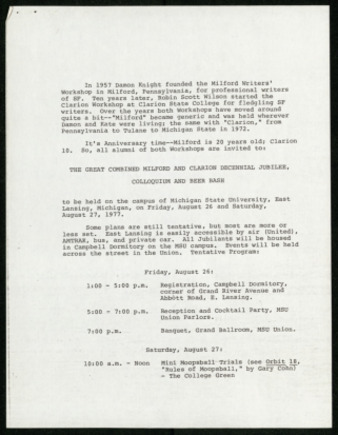 The Great Combined Milford and Clarion Decennial Jubilee, Colloquim, and Beer Bash