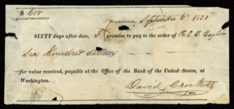 Promissory note from David Crockett to R. E. B. Baylor