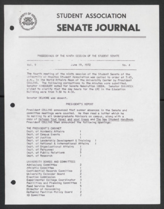 Senate Journal, Ninth Senate, University of Houston Student Government Association, Minutes, Vol. 9, No. 4, June 19, 1972